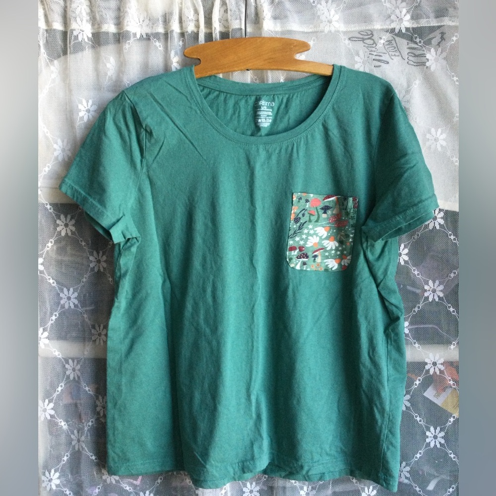 Teal T-Shirt Mushroom Floral Pocket